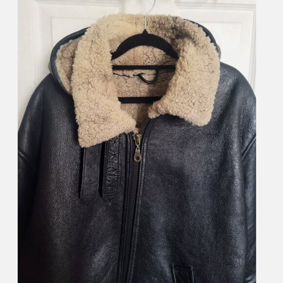 VTG Sheepskin Shearling B3 Hooded Flight Bomber Jacket Handmade Leather Men's L - Picture 5 of 16